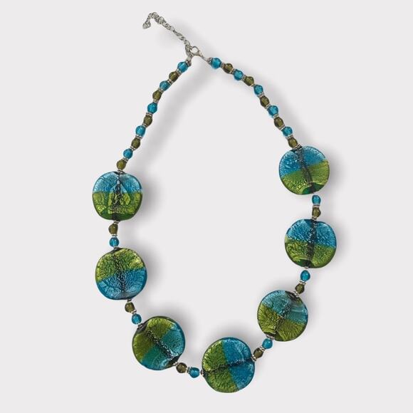 Vintage Glass Necklace Teal Blue & Green Metallic Statement - Picture 5 of 6
